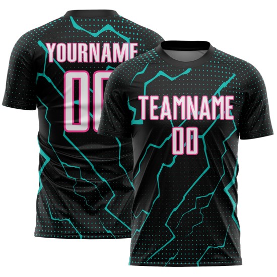 White Jersey Lightning Aqua-Pink Black Sports Custom Uniform Soccer Sublimation White Jersey Lightning Aqua-Pink Black Sports Custom Uniform Soccer Sublimation